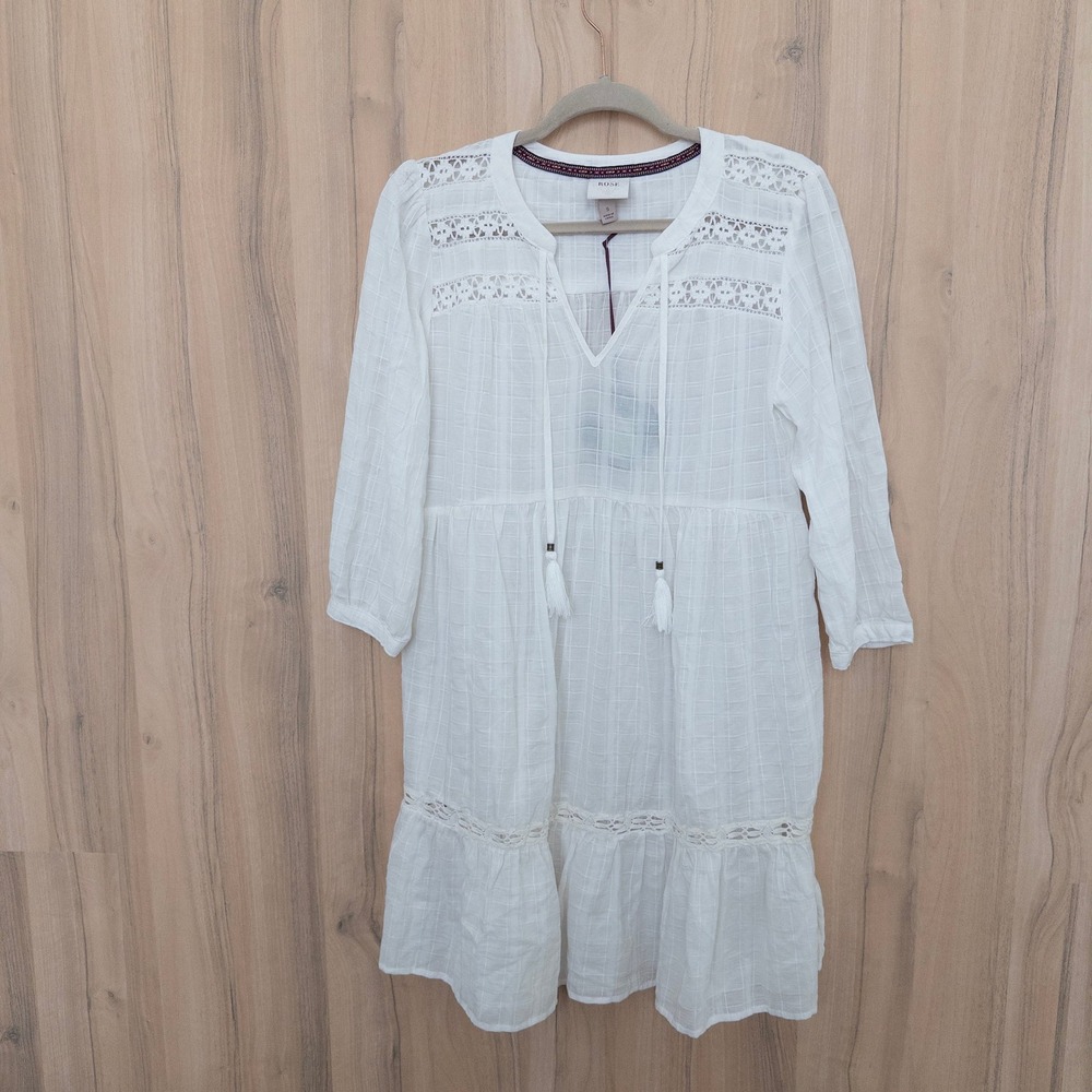 Womens Lace Boho Dress Small White Tassel Tie Cottage Coastal Peasant Festival